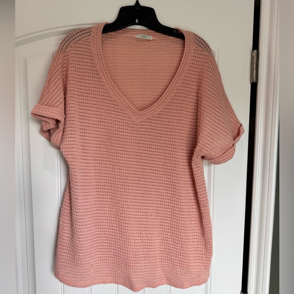 Jodifl Blush Pink Waffle Knit V Neck Top Large Boutique Short Sleeve Tee